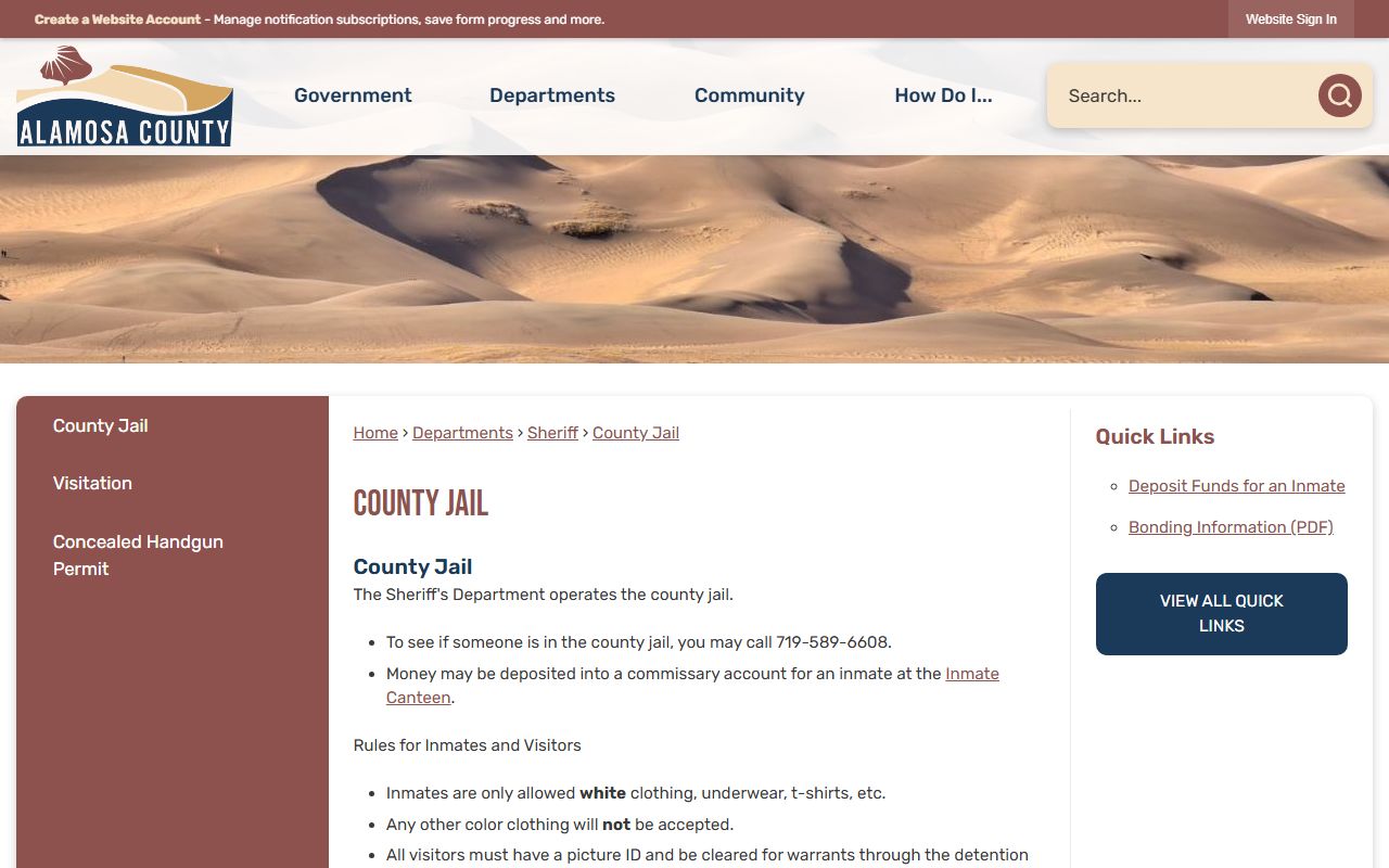 Alamosa County Jail inmate population custody lookup page