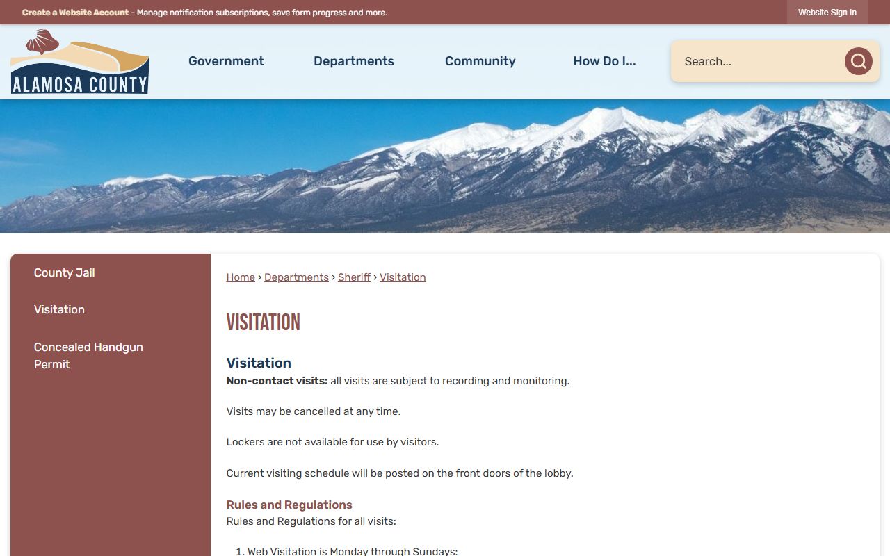 Alamosa County Jail visitation schedule for inmate visits